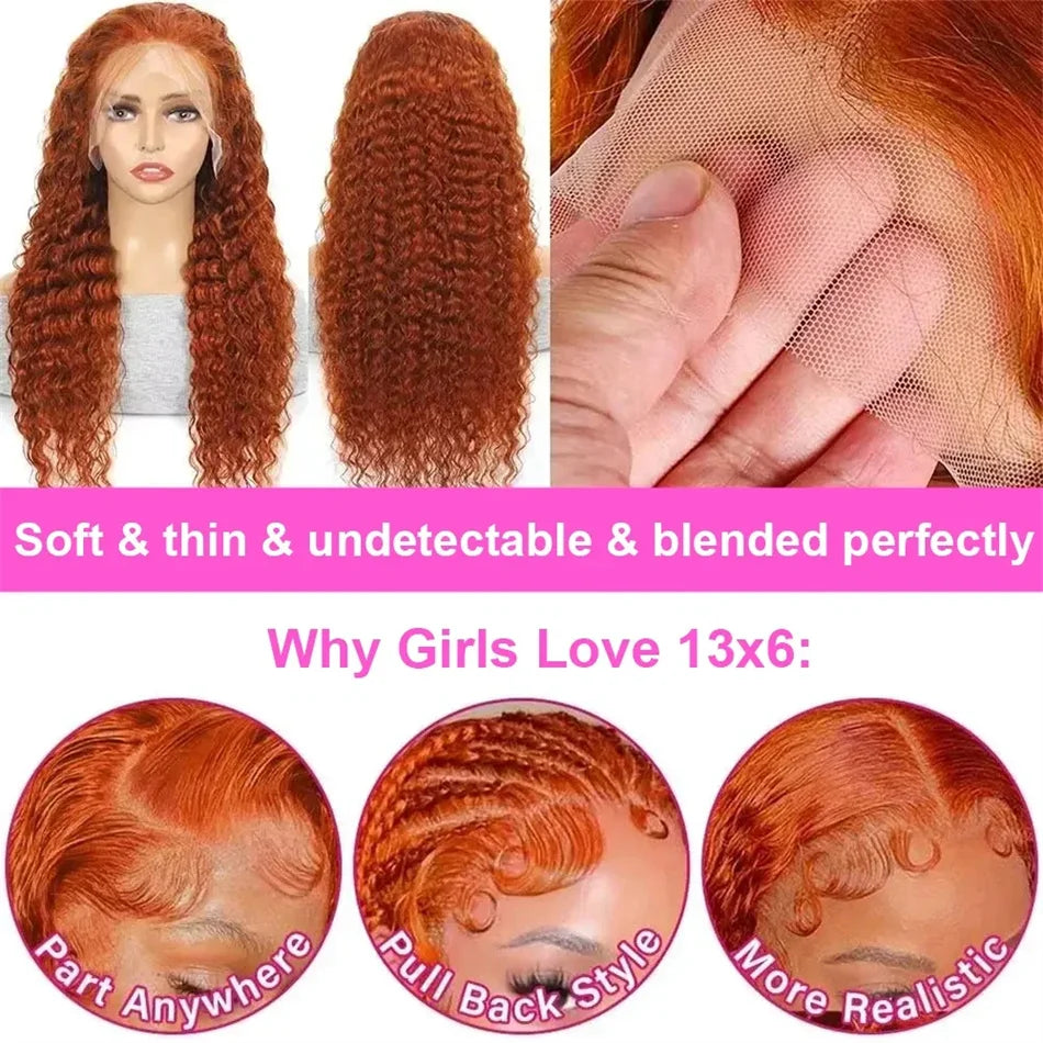 200 Density Ginger Orange Curly 13x4 HD Lace Frontal
