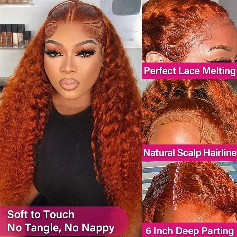 200 Density Ginger Orange Curly 13x4 HD Lace Frontal