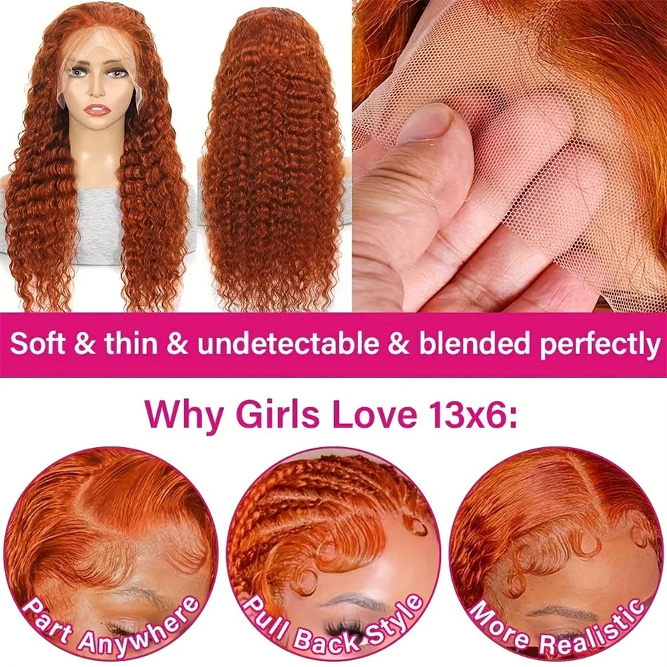 200 Density Ginger Orange Curly 13x4 HD Lace Frontal