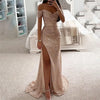 Women's Sexy Party Maxi Dress New Sequined One-line Collar Slit Dress