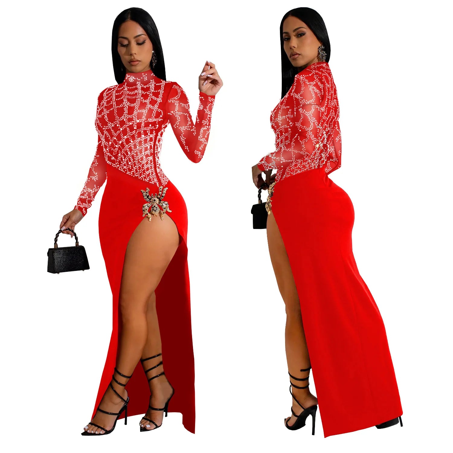 2025 Autumn Women's Hot Diamond Sexy Cutout Long-sleeved Slit Party