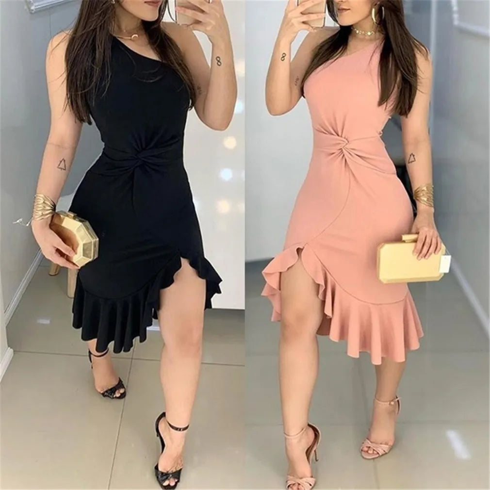 One Shoulder Twisted Slit Ruffles Party Dress Women Sleeveless High