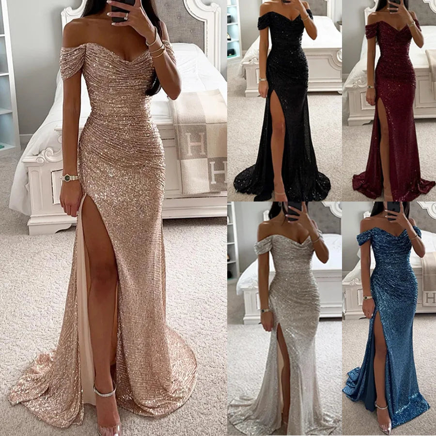 Women's Sexy Party Maxi Dress New Sequined One-line Collar Slit Dress