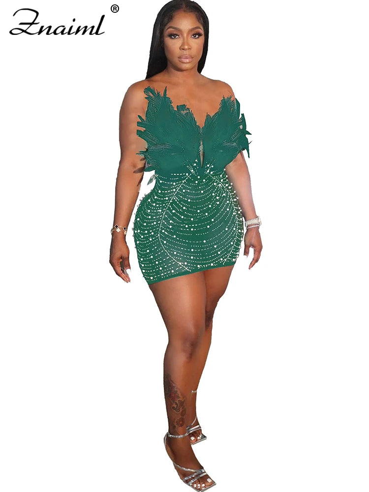 Znaiml Sexy Feathers Rhinestones Backless Diamond Sheer Mesh Bodycon