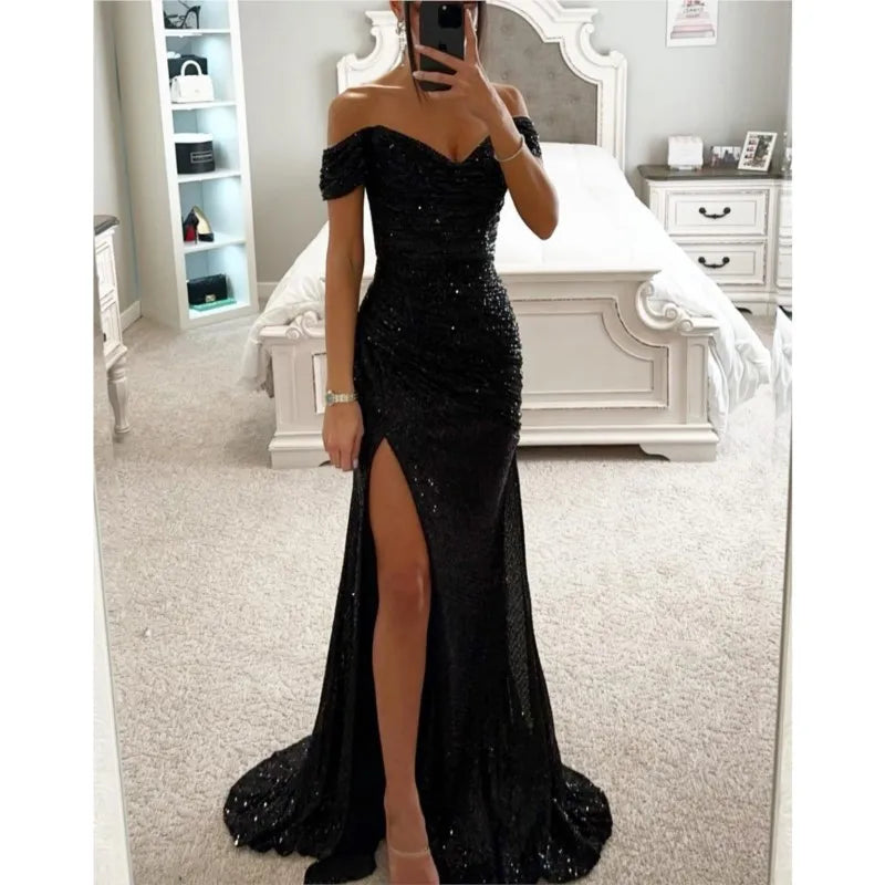 Women's Sexy Party Maxi Dress New Sequined One-line Collar Slit Dress