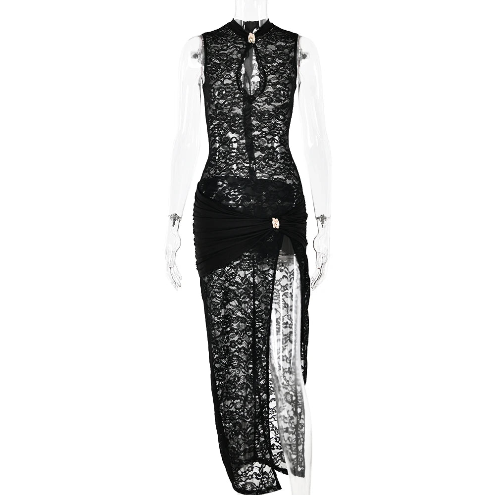 Fantoye Sexy Hollow Out High Slit Lace Women Maxi Dress