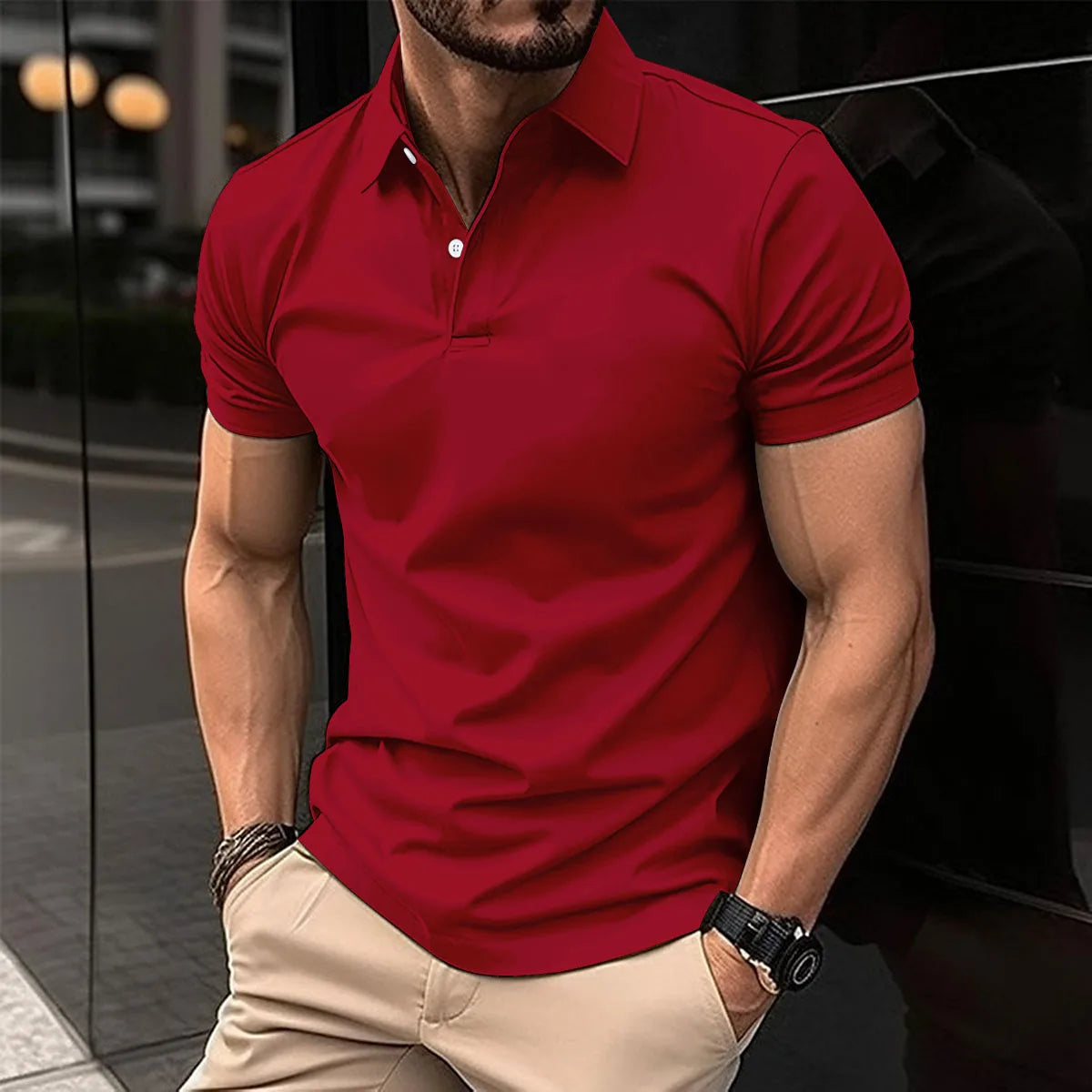 Best-Selling Men's Short-Sleeved Polo Shirt Lapel Button Solid Color Men's