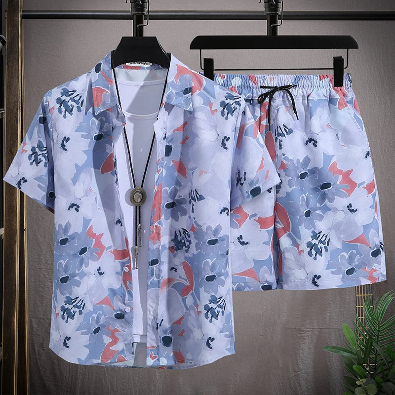 Men's Hawaiian Beach Set Single Breasted Short Sleeve Shirt