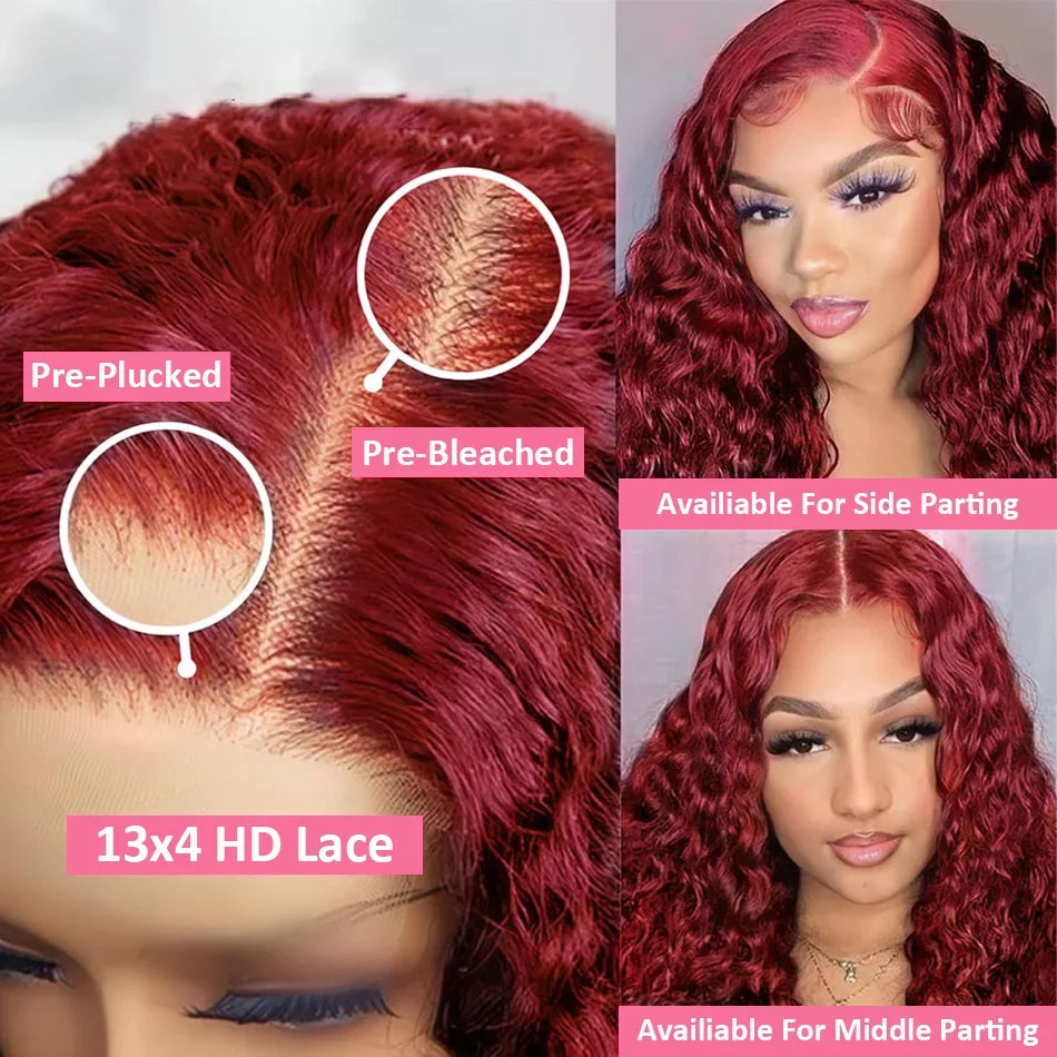 250 Density 30 Inch 13x6 HD 99J Burgundy Deep Wave Lace