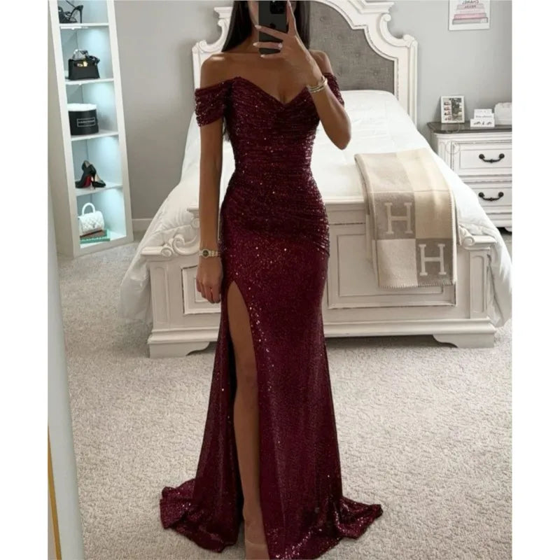 Women's Sexy Party Maxi Dress New Sequined One-line Collar Slit Dress