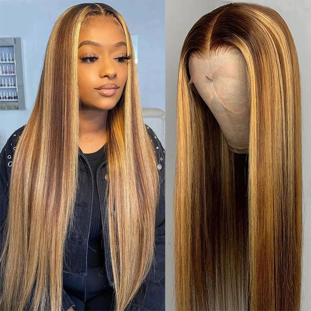 4/27 Highlight Wig Human Hair Honey Blonde Colored Straight