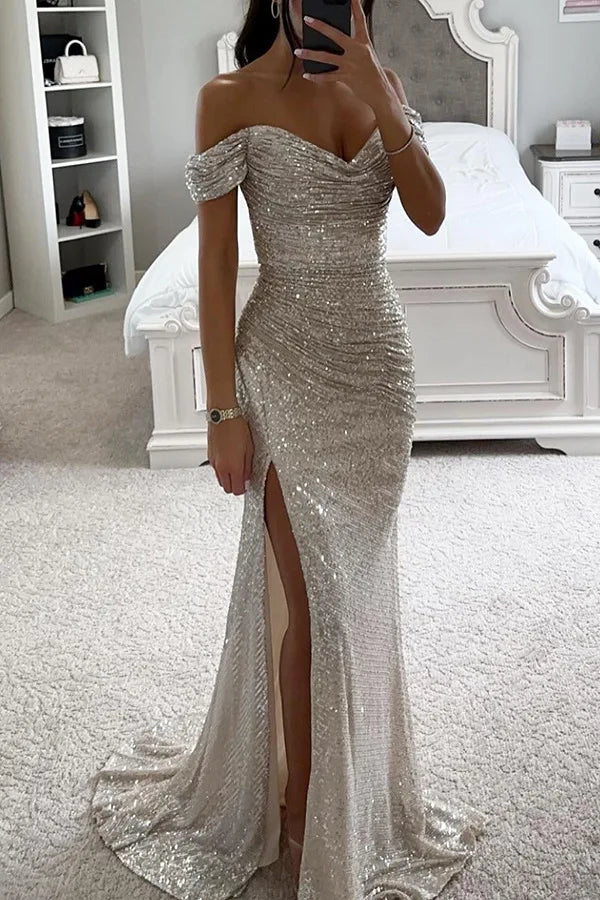 Women's Sexy Party Maxi Dress New Sequined One-line Collar Slit Dress