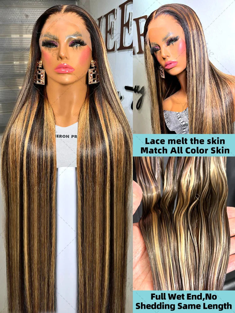 30 40 Inch 4/27 Highlight Ombre Bone Straight 13x4 HD Lace Front Human