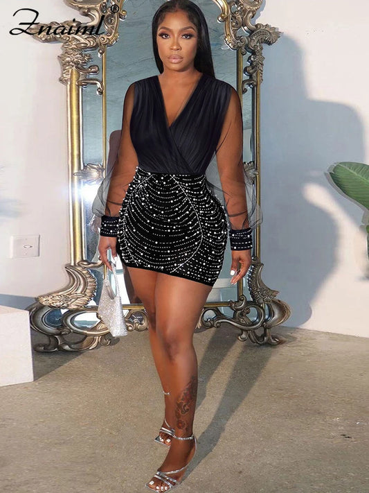 Znaiml Sexy Sheer Mesh Patchwork Rhinestone Bodycon Black Mini