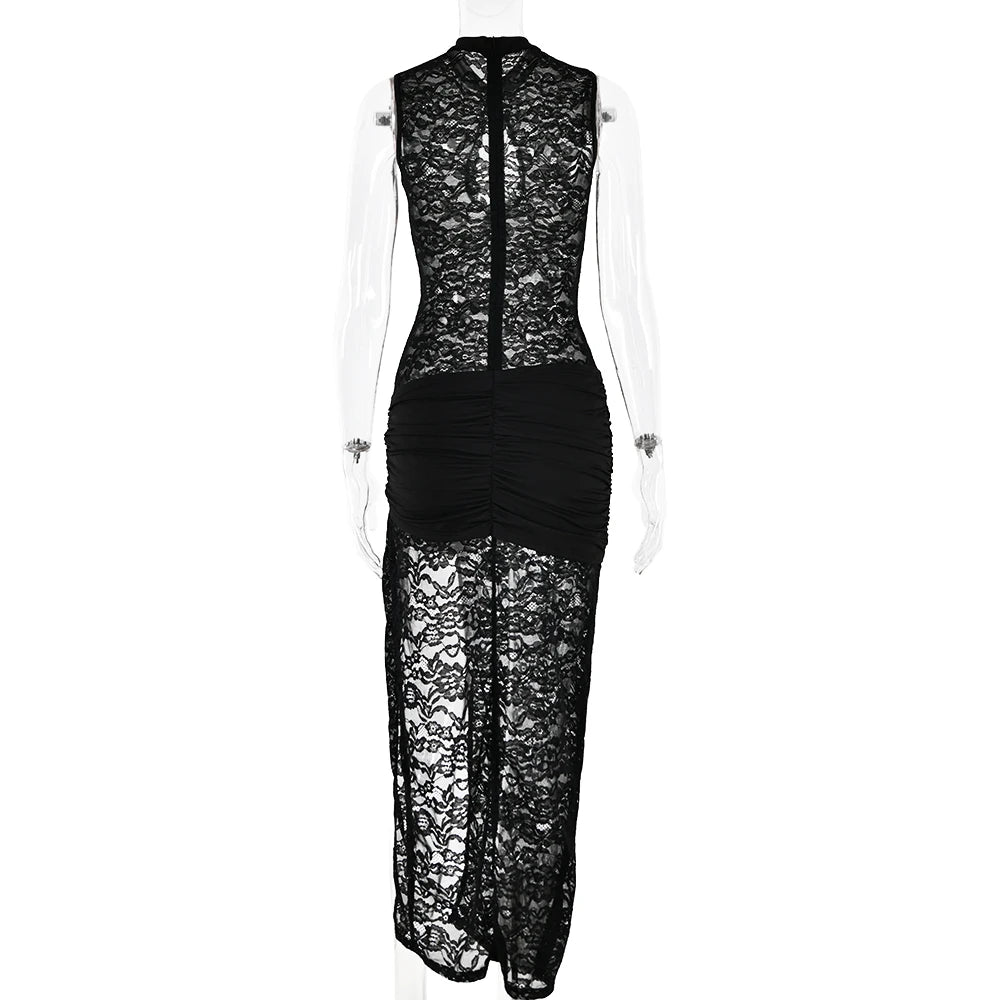 Fantoye Sexy Hollow Out High Slit Lace Women Maxi Dress