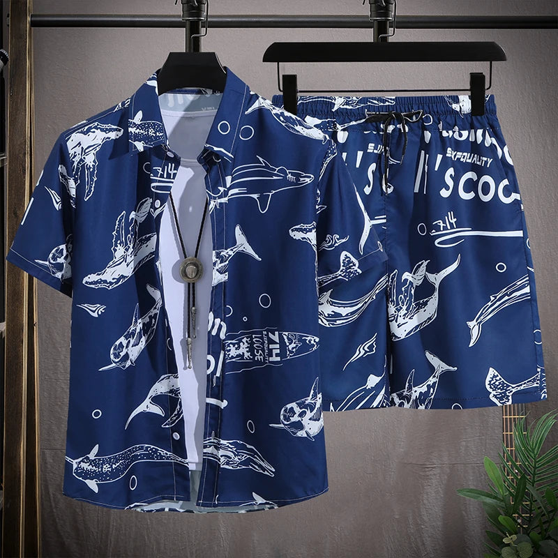 Men's Hawaiian Beach Set Single Breasted Short Sleeve Shirt