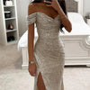 Women's Sexy Party Maxi Dress New Sequined One-line Collar Slit Dress