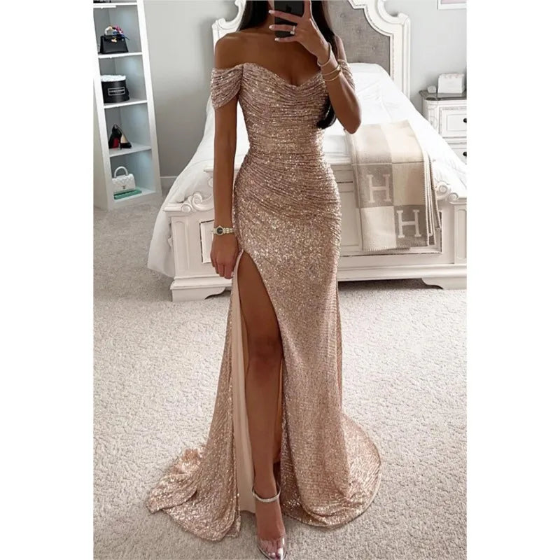 Women's Sexy Party Maxi Dress New Sequined One-line Collar Slit Dress