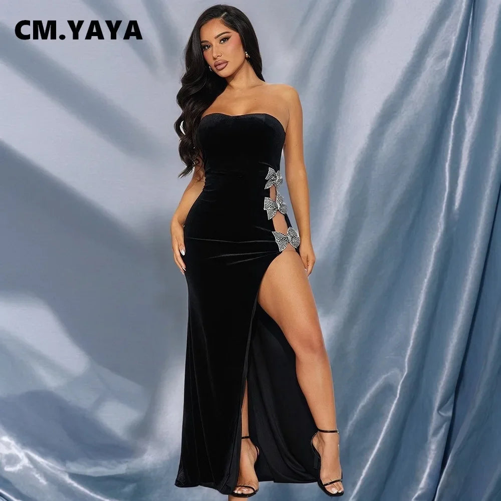 CM.YAYA Women Sleeveless Bow Diamonds High Side Split Mermaid