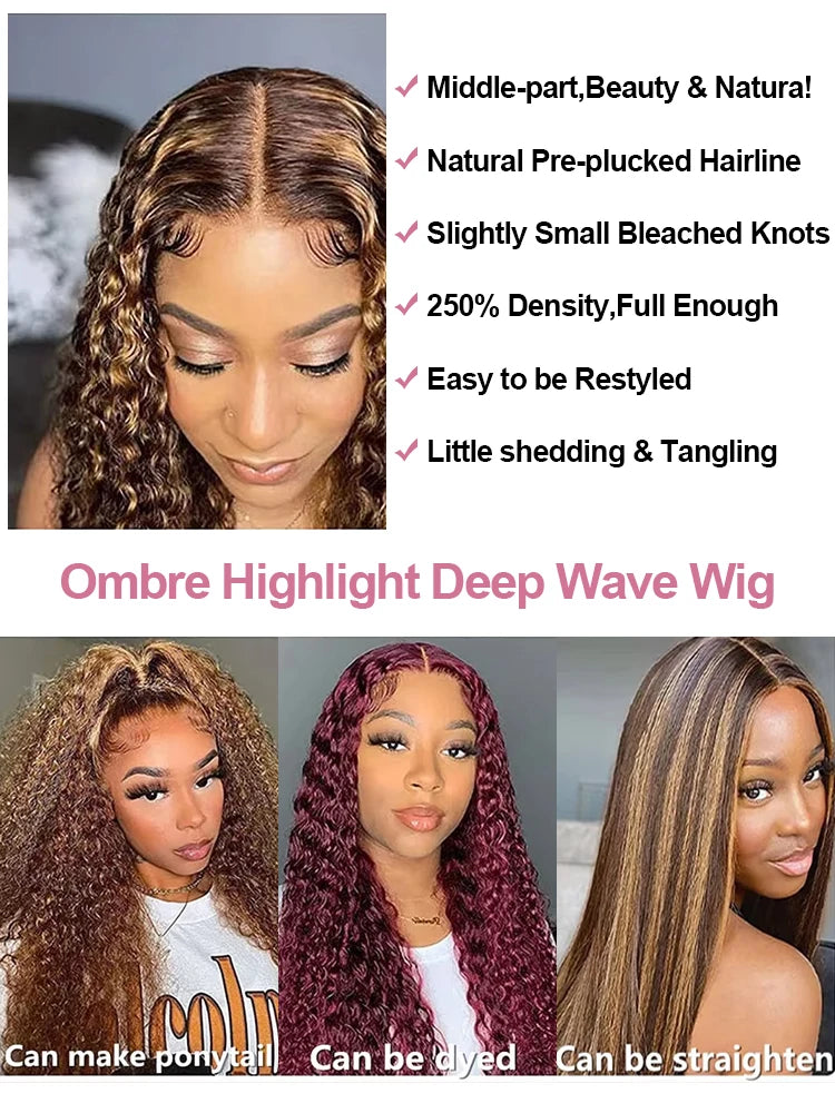 250% Glueless Wig Highlight Ombre Deep Wave