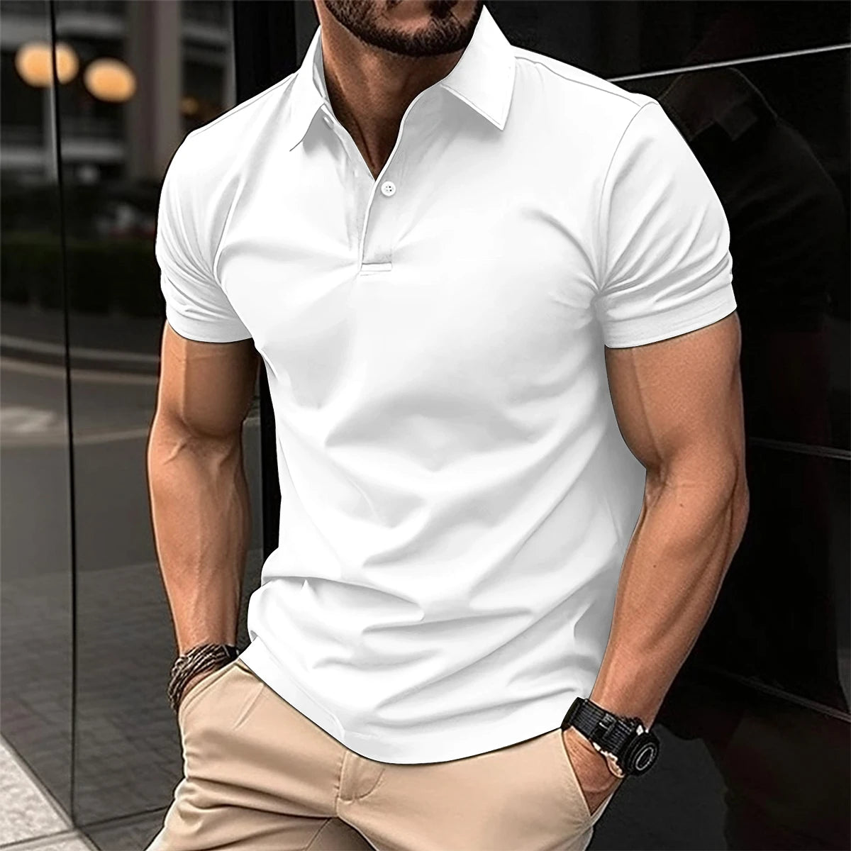 Best-Selling Men's Short-Sleeved Polo Shirt Lapel Button Solid Color Men's