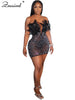 Znaiml Sexy Feathers Rhinestones Backless Diamond Sheer Mesh Bodycon