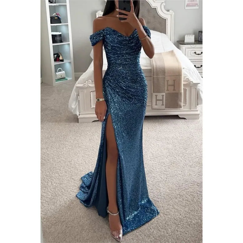 Women's Sexy Party Maxi Dress New Sequined One-line Collar Slit Dress