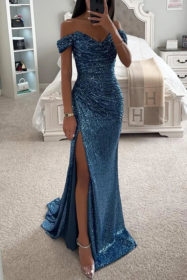 Women's Sexy Party Maxi Dress New Sequined One-line Collar Slit Dress