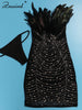 Znaiml Sexy Feathers Rhinestones Backless Diamond Sheer Mesh Bodycon