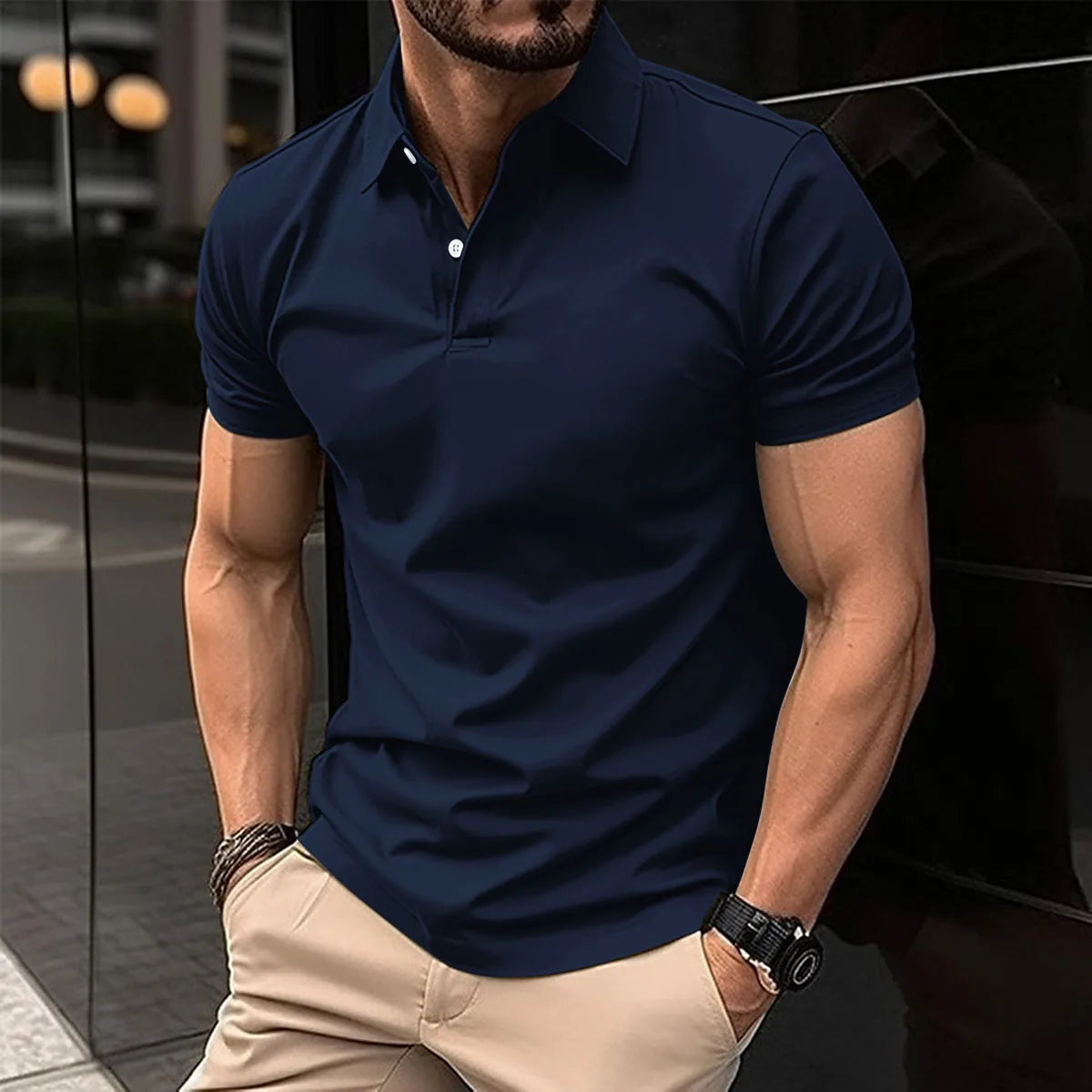 Best-Selling Men's Short-Sleeved Polo Shirt Lapel Button Solid Color Men's