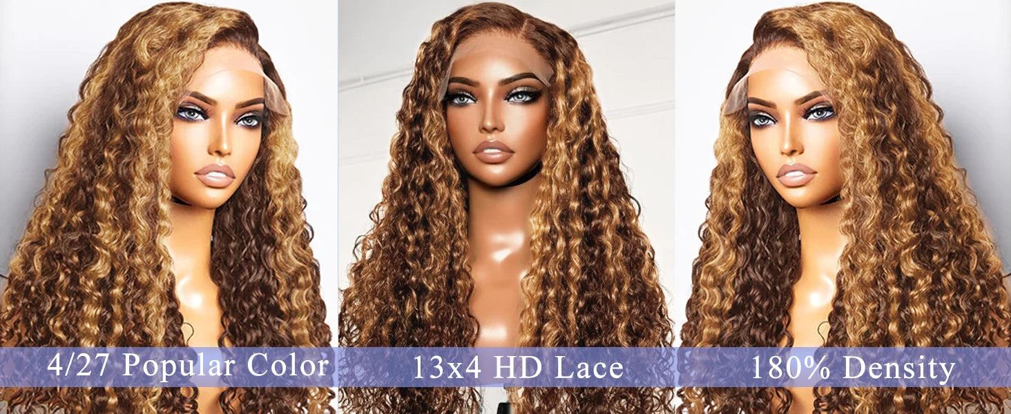 30 34 Inch Highlight Ombre HD Lace Front Wig Curly Human Hair