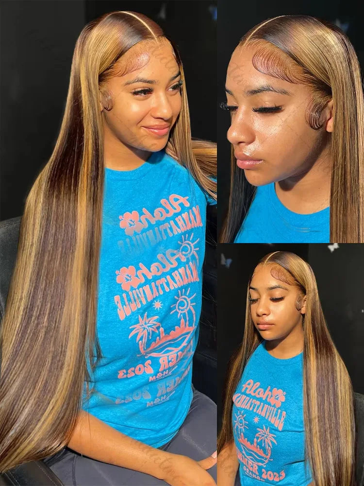 30 40 Inch 4/27 Highlight Ombre Bone Straight 13x4 HD Lace Front Human