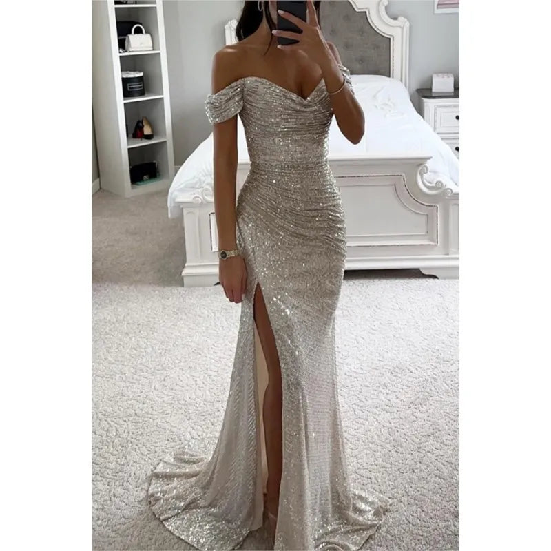 Women's Sexy Party Maxi Dress New Sequined One-line Collar Slit Dress