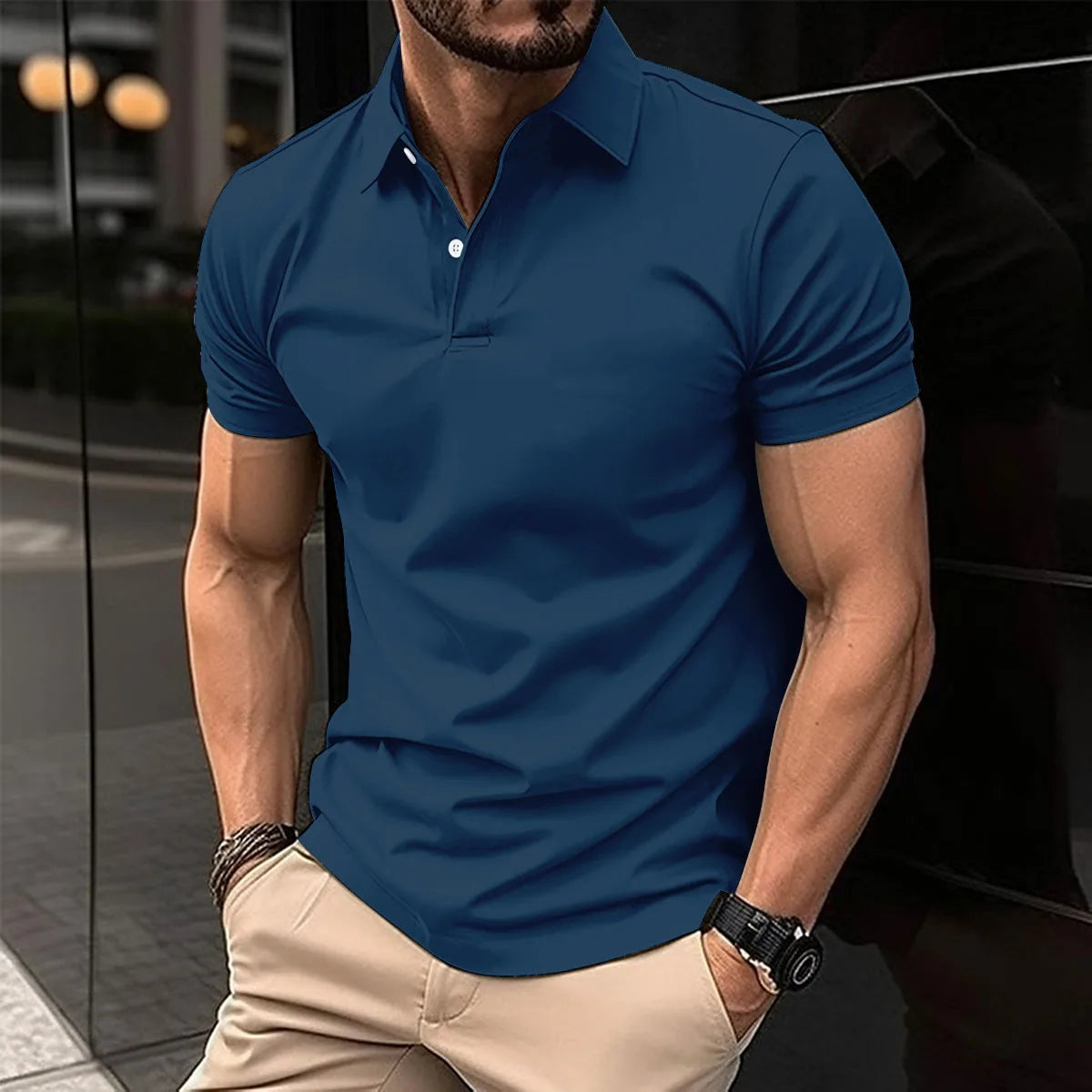 Best-Selling Men's Short-Sleeved Polo Shirt Lapel Button Solid Color Men's