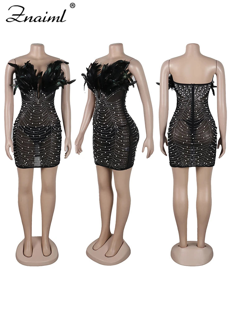 Znaiml Sexy Feathers Rhinestones Backless Diamond Sheer Mesh Bodycon