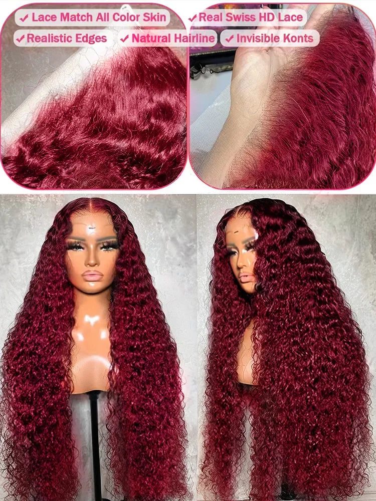 250 Density 30 Inch 13x6 HD 99J Burgundy Deep Wave Lace