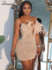 Znaiml Sexy Feathers Rhinestones Backless Diamond Sheer Mesh Bodycon