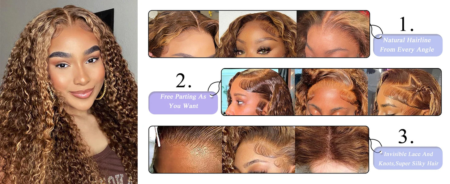 30 34 Inch Highlight Ombre HD Lace Front Wig Curly Human Hair
