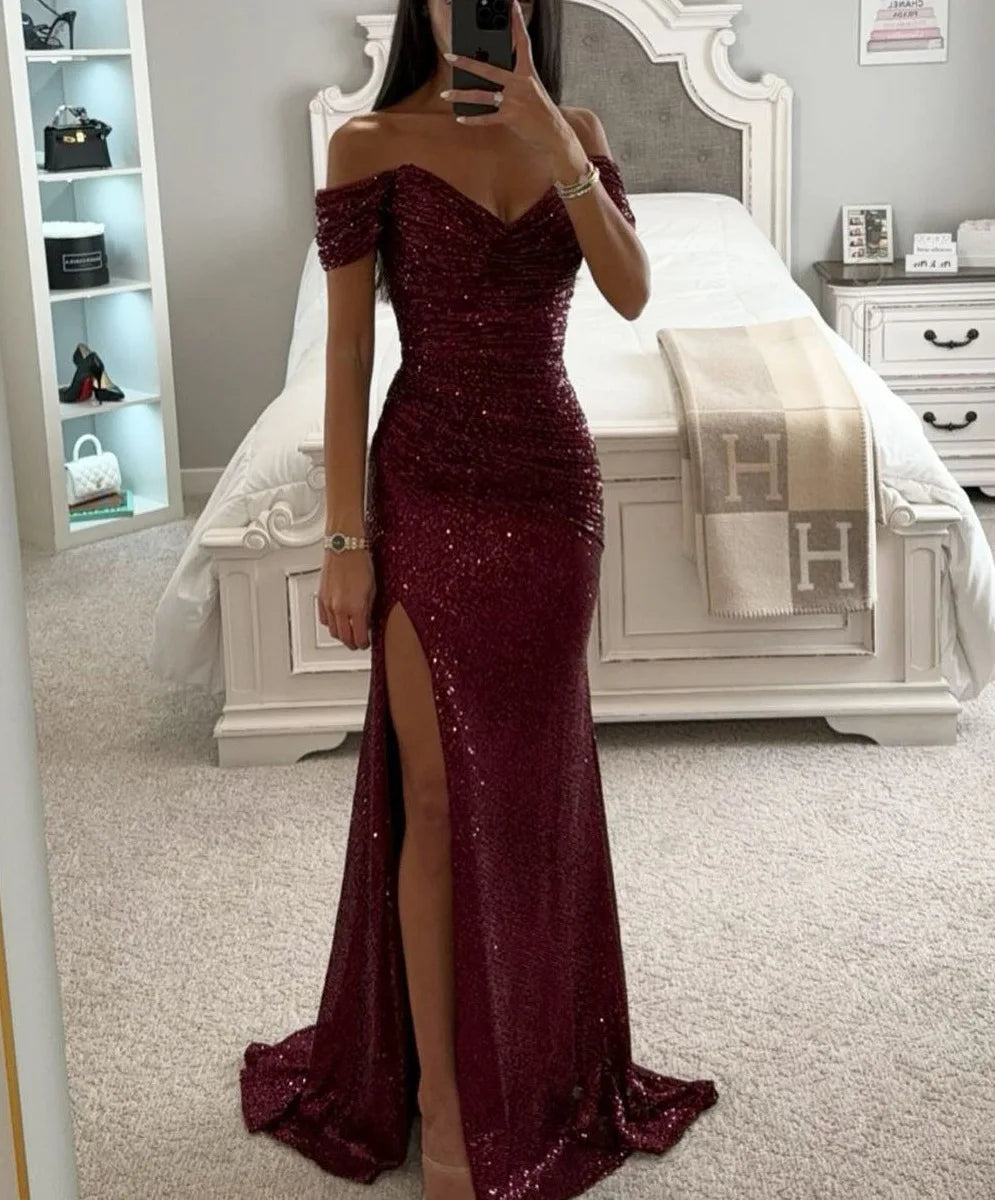 Women's Sexy Party Maxi Dress New Sequined One-line Collar Slit Dress